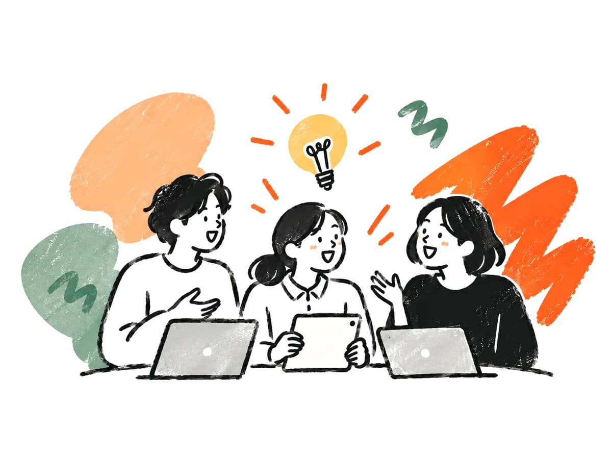 電球のアイデアを囲んで話し合う3人のイラスト