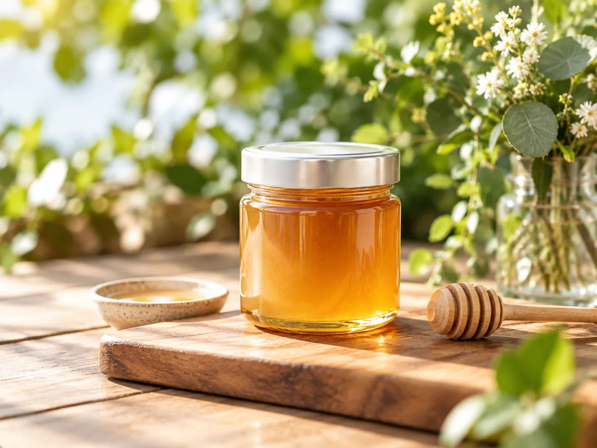 木のテーブルに置かれた蜂蜜の瓶(イメージ)